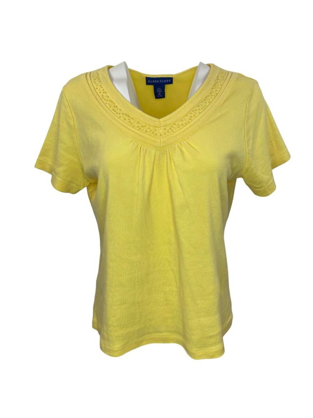 Karen Scott Womens Yellow Embellished V-Neck T-Shirt Top Size Medium